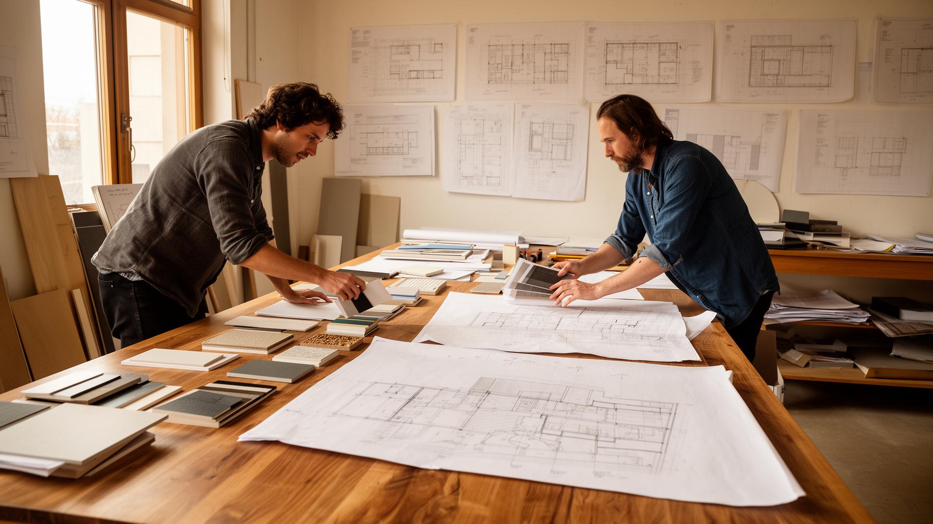L'atelier Jad & Kaous, plans et échantillons sur la table de travail